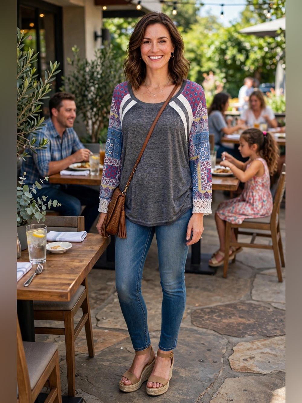 Cato Charcoal Scoop Neck Top with Pink and Blue Patterned Sleeves